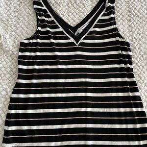White House Black Market Black and White Striped V-Neck Tank with Taupe Accents